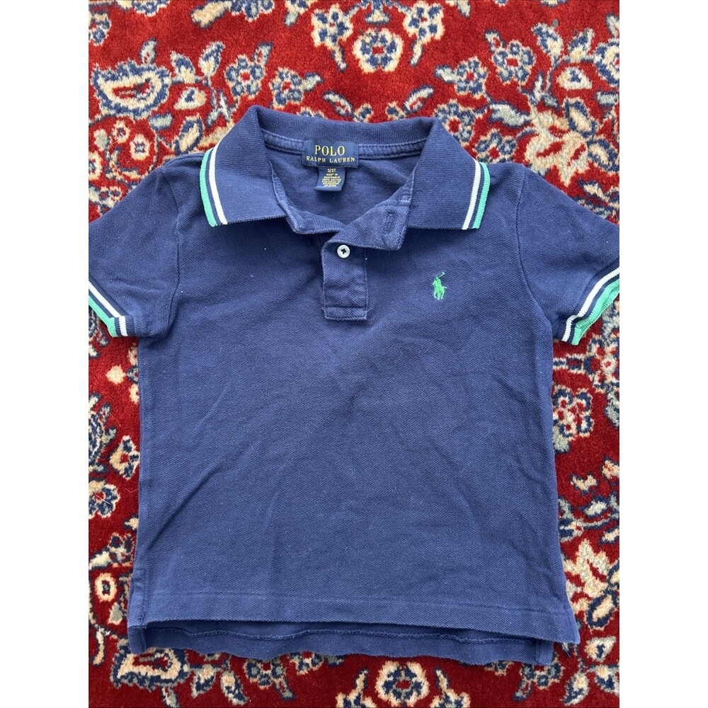 Ralph Lauren Polo Toddler Boys 3T Blue Short Sleeve Collared Shirt Green White